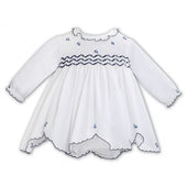 Sarah Louise Girls White with Navy Ribbon Smocked Dress